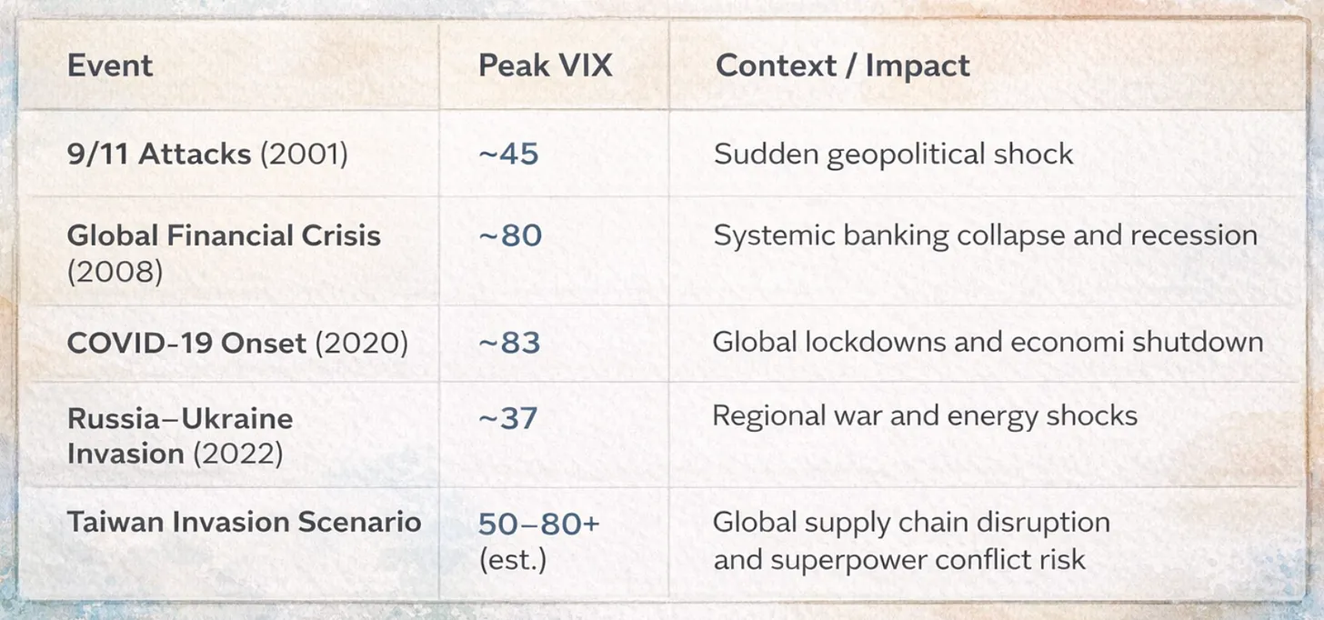 Historical VIX comparisons for major geopolitical and financial shocks